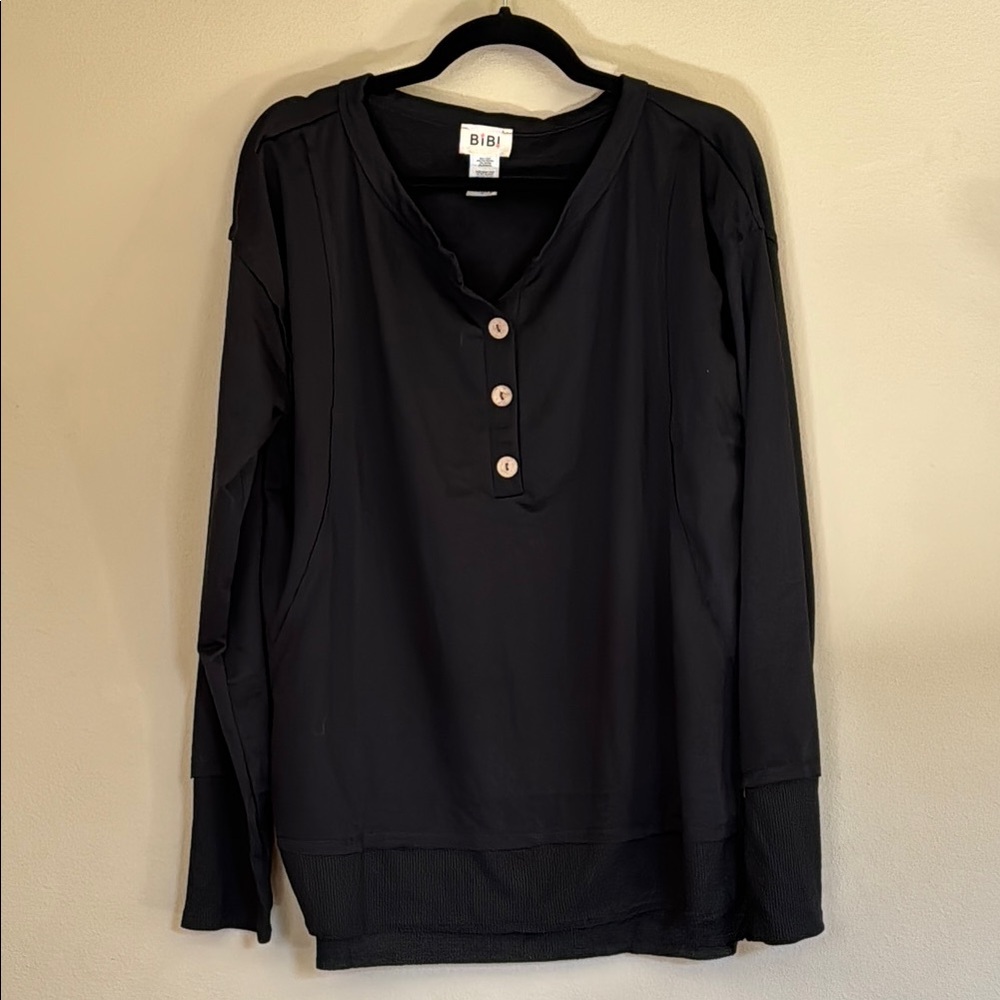 BIBI Black Long Sleeve Top with Button Detail